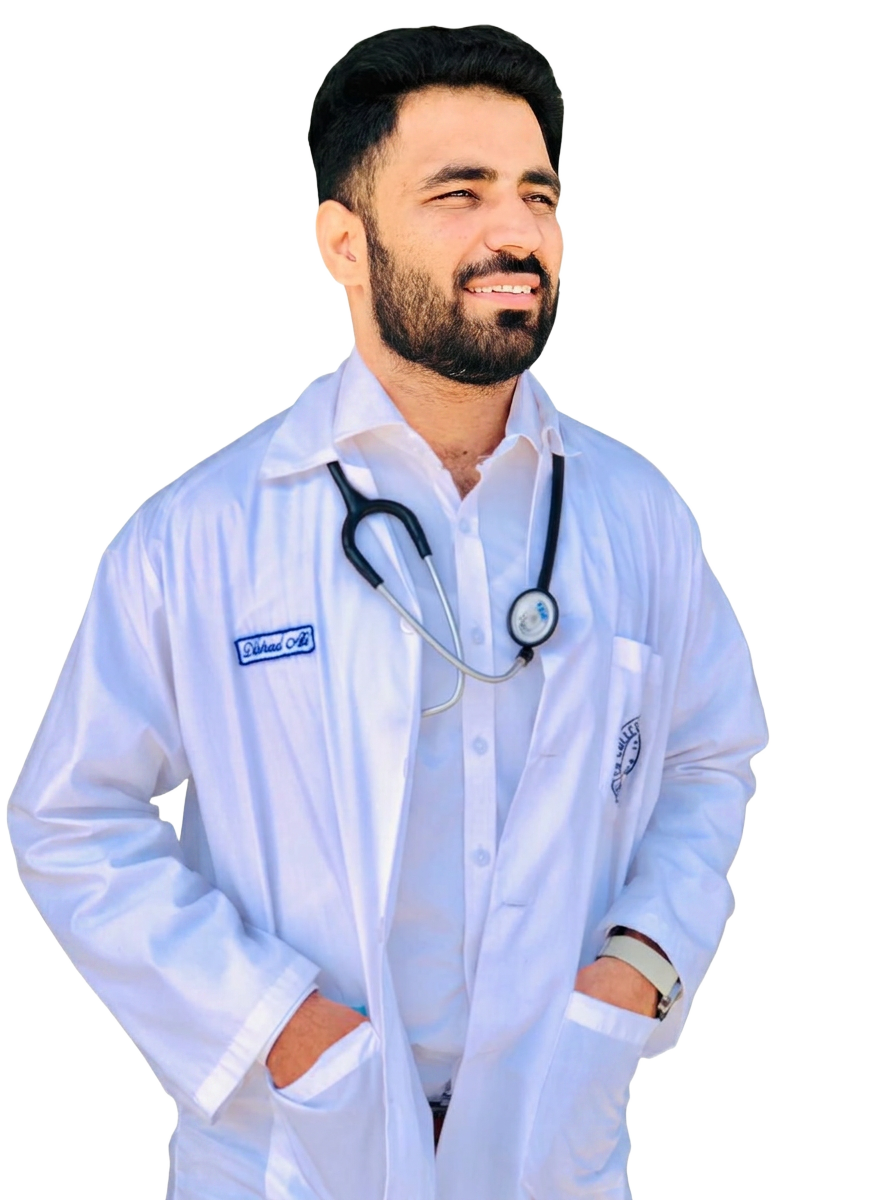 Dr. Dilshad Ali, Doctor of Physical Therapy, in white coat with stethoscope